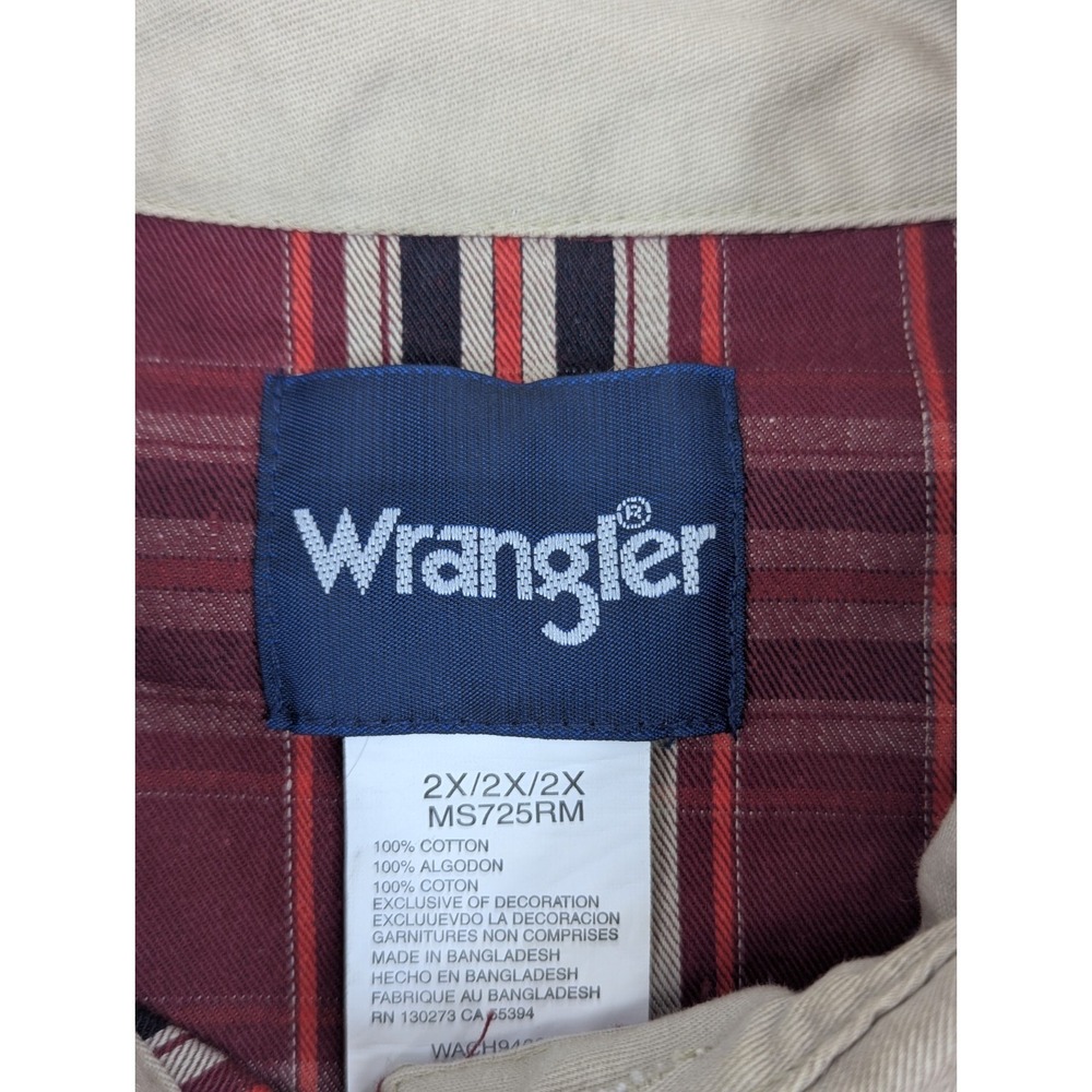 Vintage Wrangler Shirt Mens 2X Red Plaid Tan Brushpopper Pearl Snap Western - Picture 7 of 10